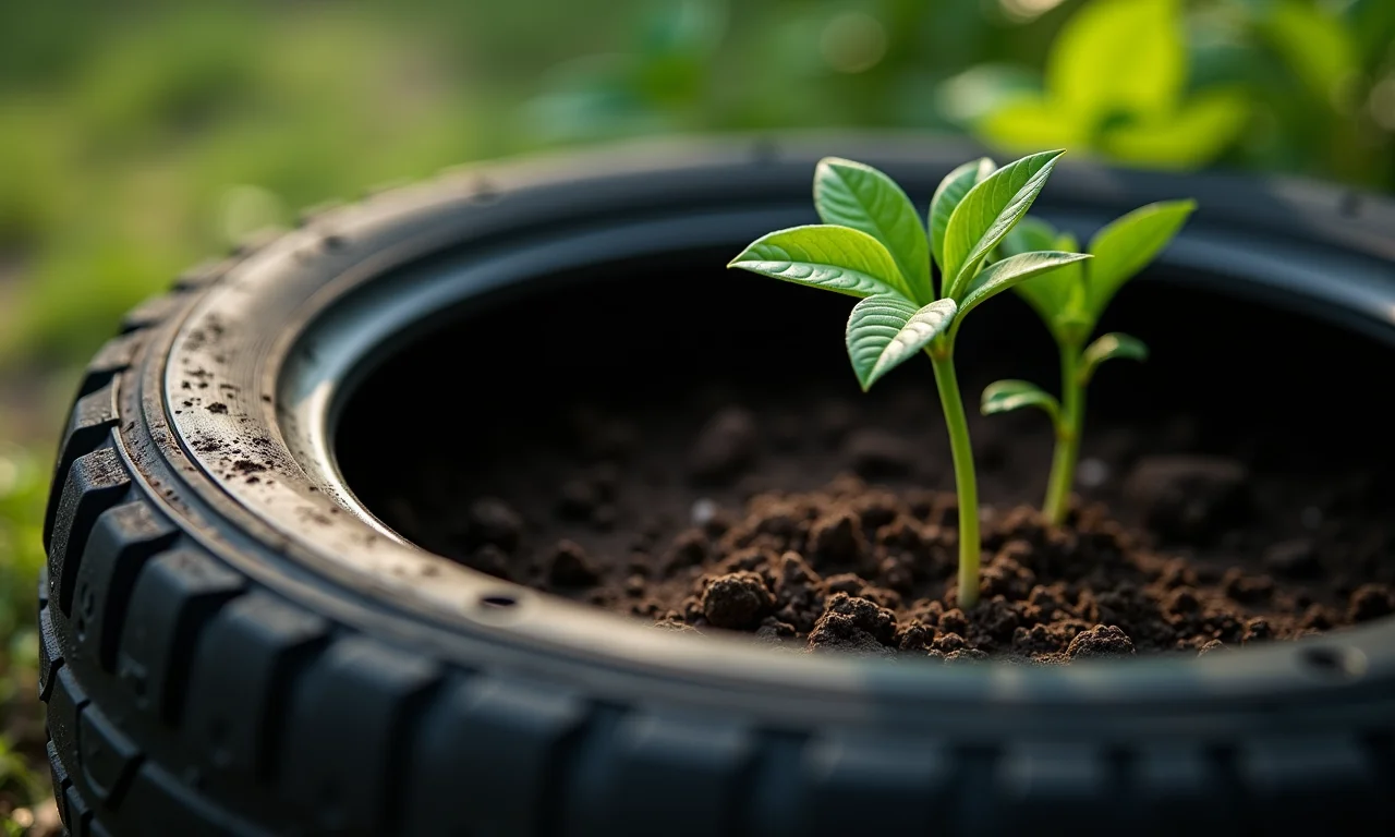Detalhe de um pneu com furos de drenagem para evitar acúmulo de água.