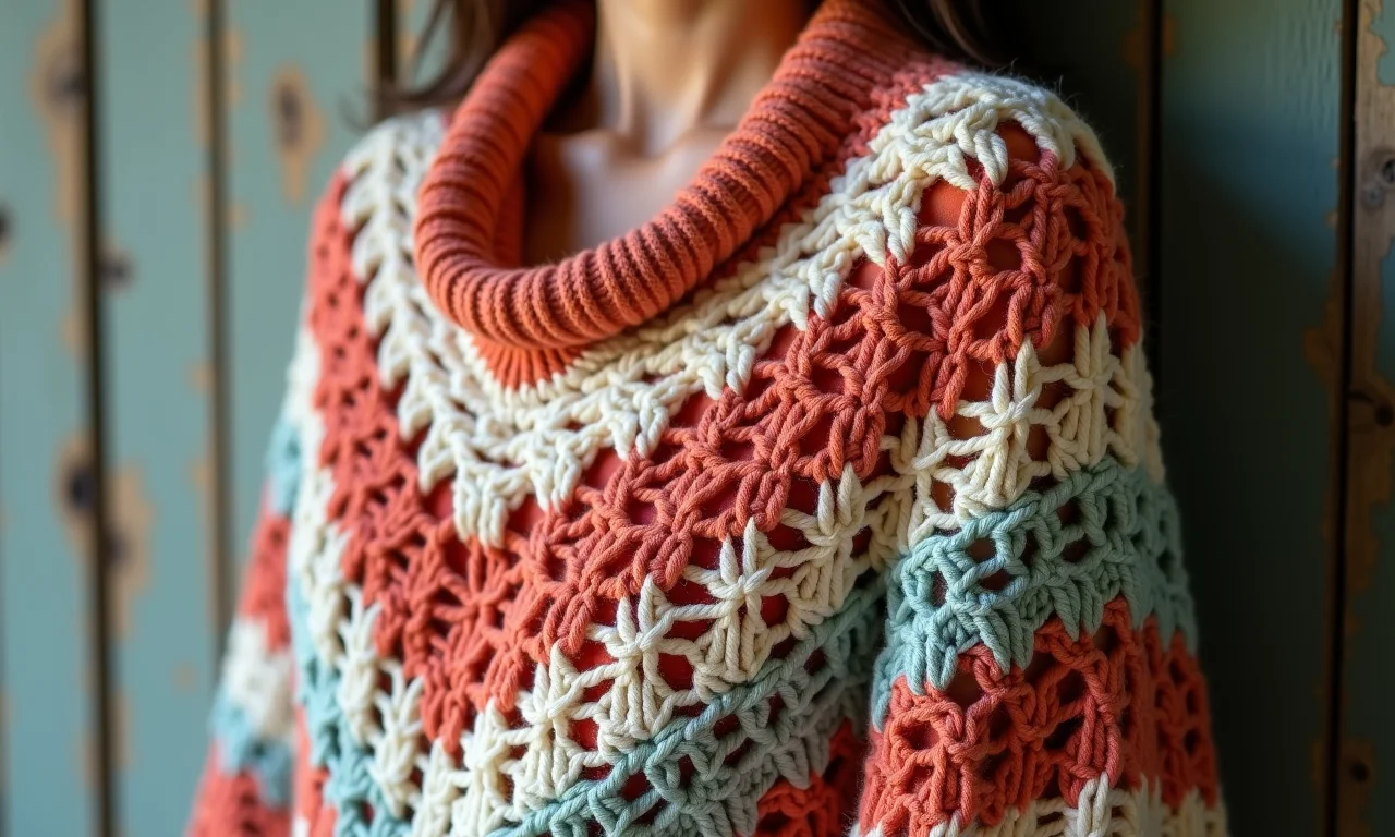 Detalhe de um poncho de crochê com padrões delicados e femininos.