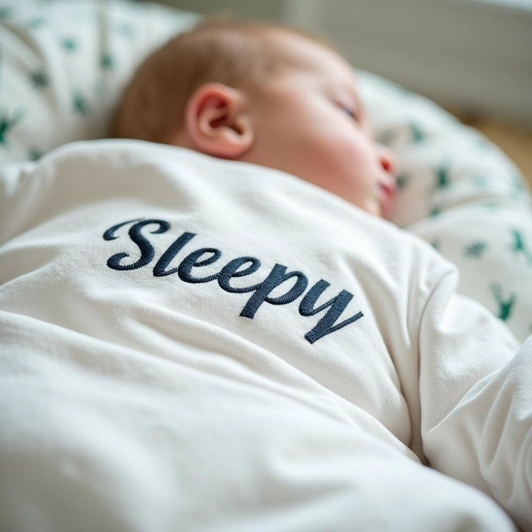 Detalhe de um saco de bebê com bordados personalizados.