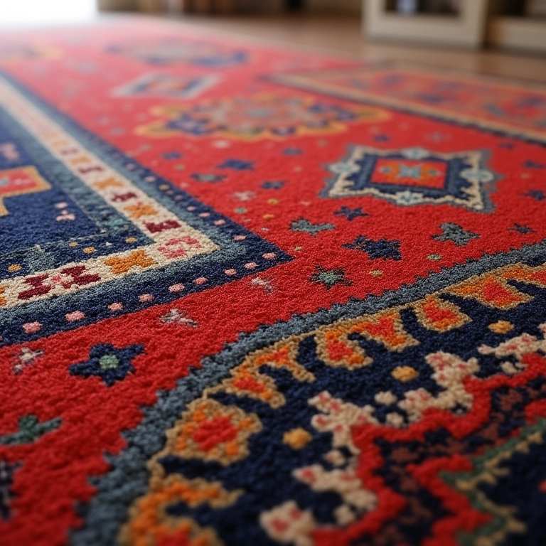 Detalhe de um tapete de lã da marca Círculo, com design intrincado.