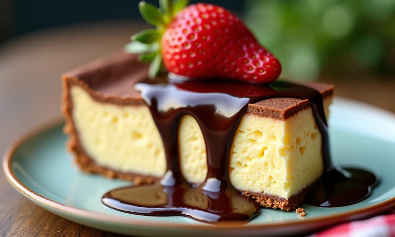 Detalhe de uma fatia de pudim de sorvete com calda de chocolate.