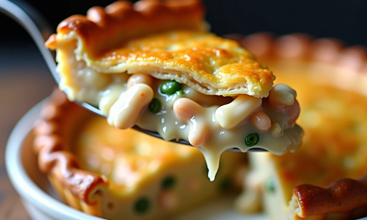 Detalhe de uma fatia de torta de frango, revelando o recheio cremoso.