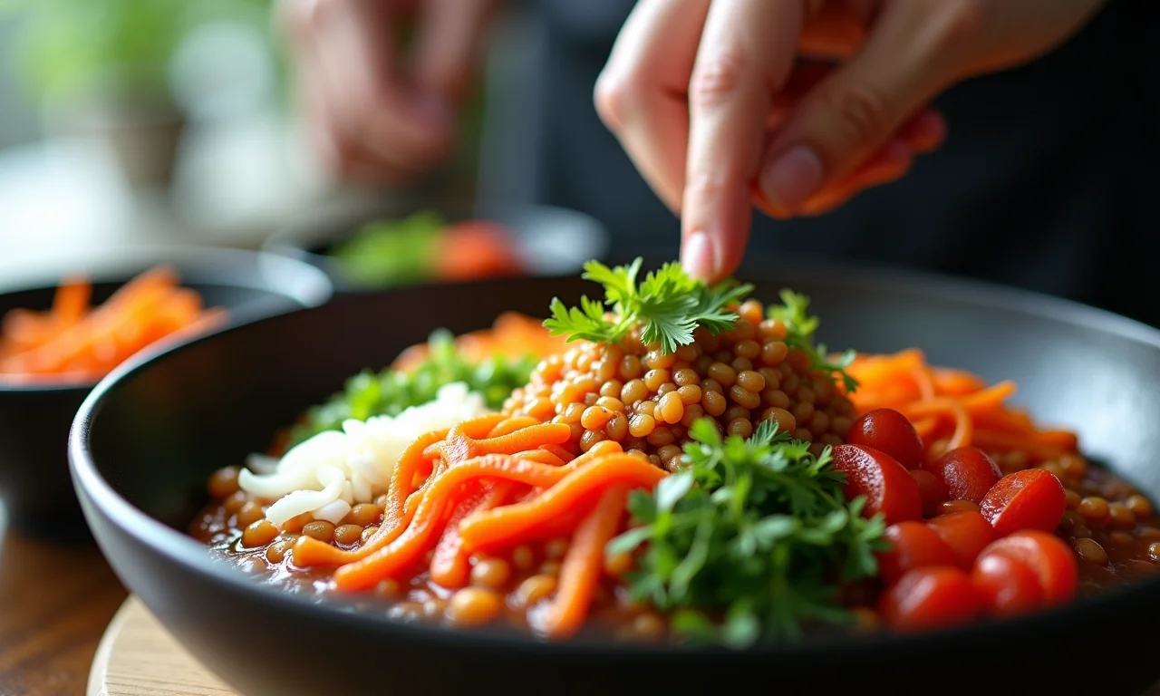 Detalhe de uma mão arrumando ingredientes frescos em um bibimbap, representando a tradição coreana.