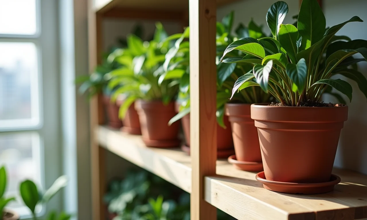 Detalhe de uma prateleira de madeira reforçada segurando vasos de plantas pesados, evitando o empenamento.