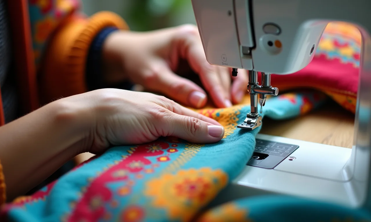 Detalhe do acabamento manual de um poncho de tecido colorido.