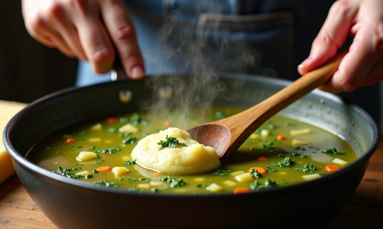 Detalhe do Caldo Verde sendo engrossado com purê de batata em panela.