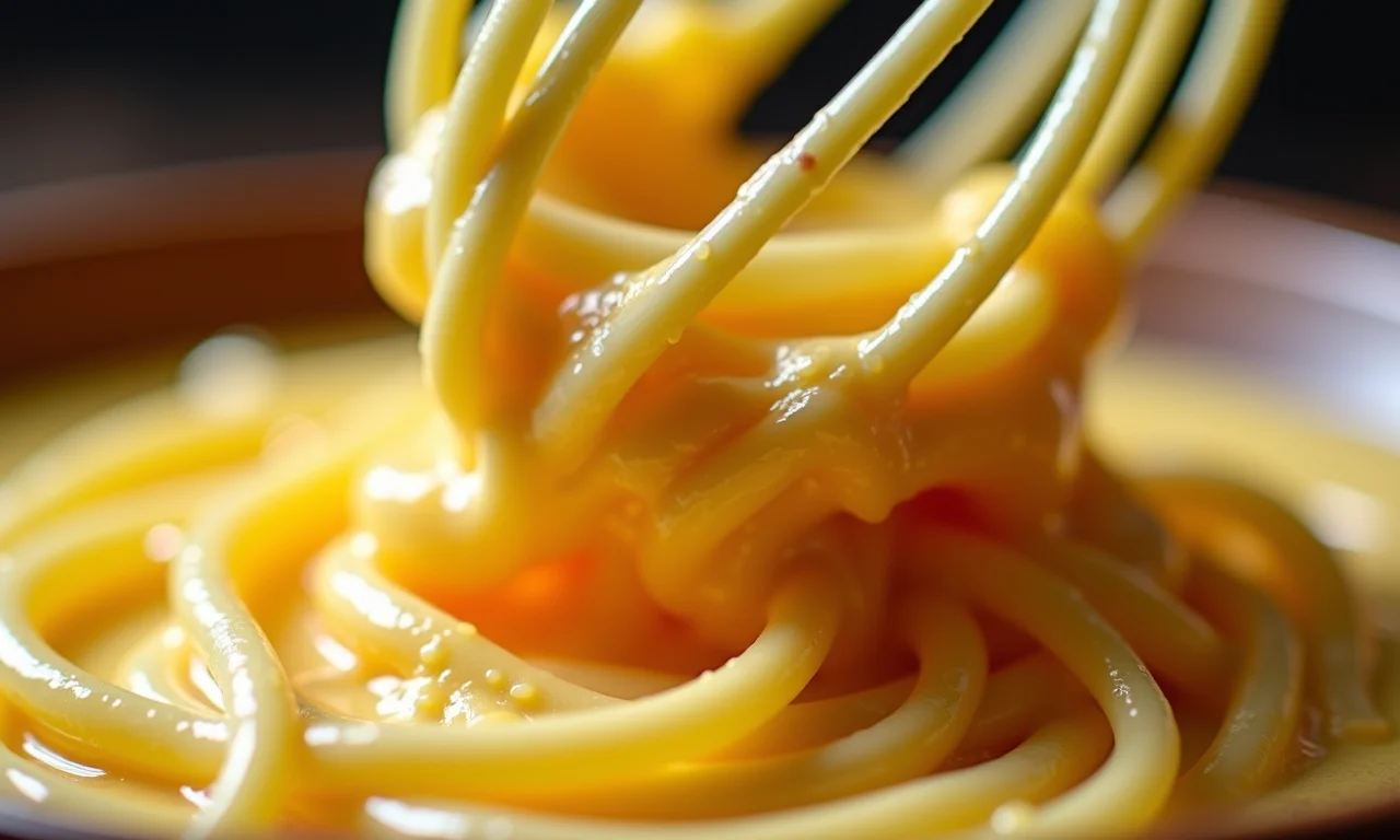 Detalhe do preparo do molho cremoso da carbonara, com gemas e queijo parmesão.