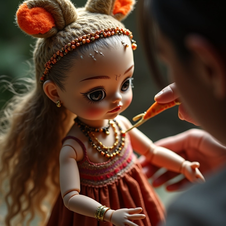 Detalhes da decoração de um boneco de Orixá.