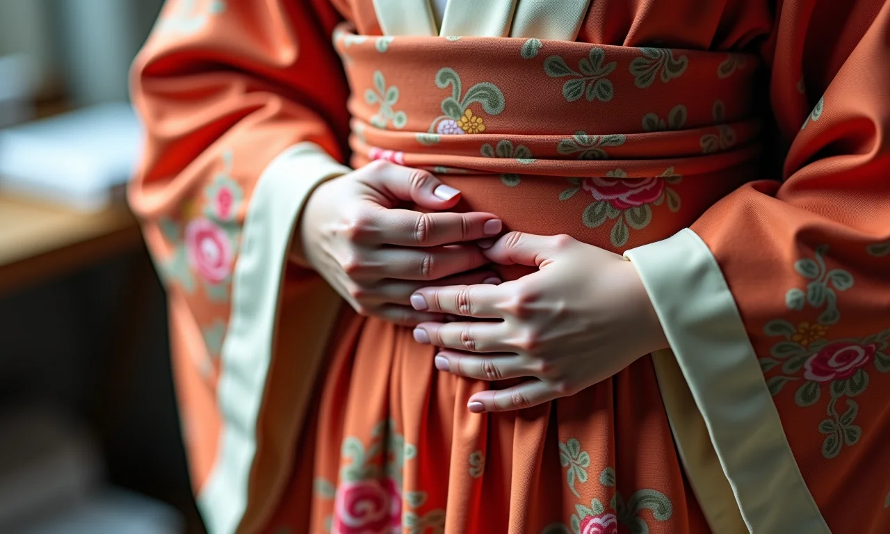 Detalhes de um kimono artesanal colorido.