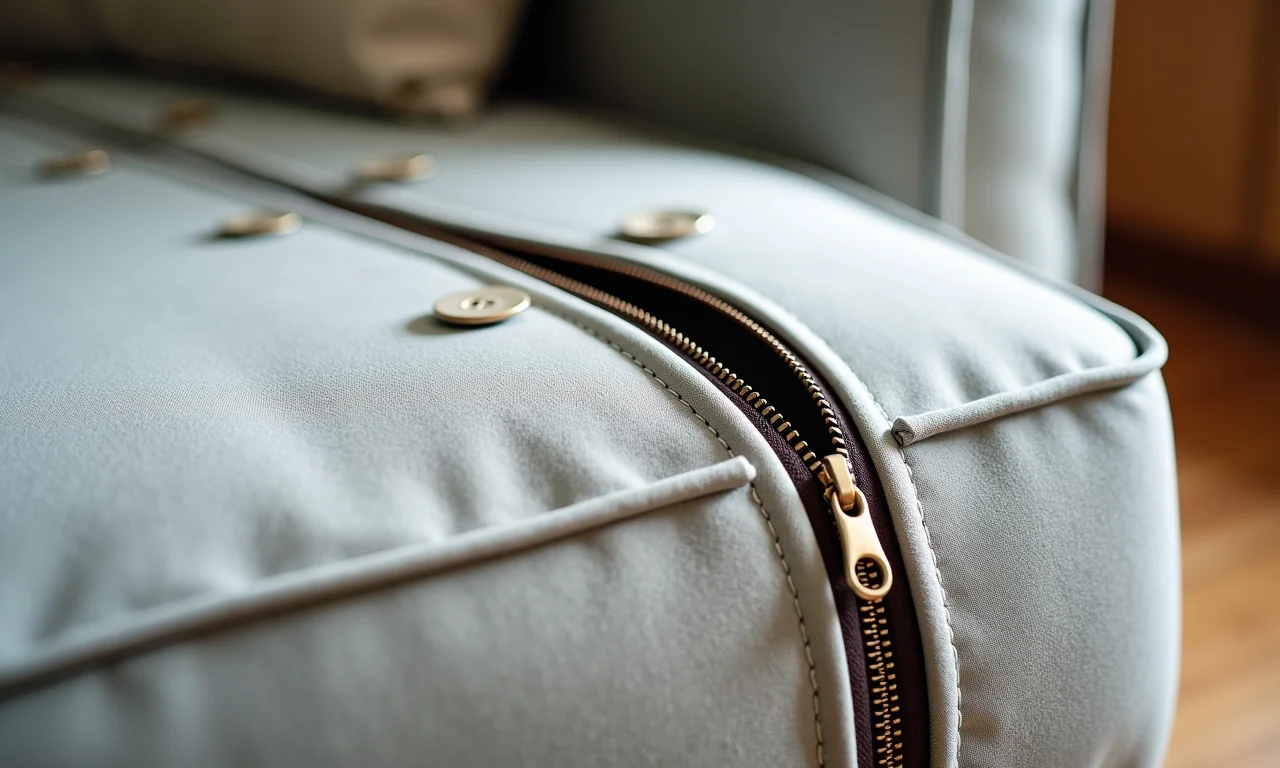 Detalhes de uma capa de sofá: zíper, botões e acabamento decorativo.