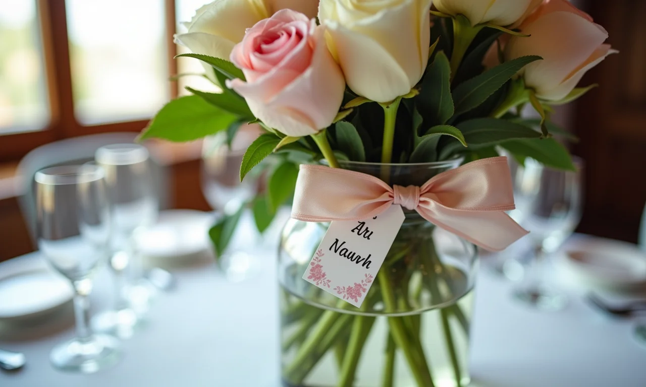 Detalhes personalizados em centro de mesa de casamento.