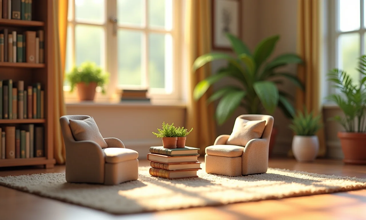 Detalhes realistas em móveis de casinha de boneca, como livros e plantas.