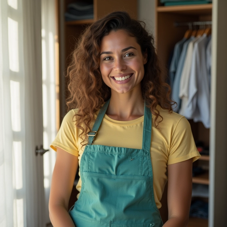 Diarista brasileira oferecendo serviços extras, como organizar um armário ou lavar roupa.