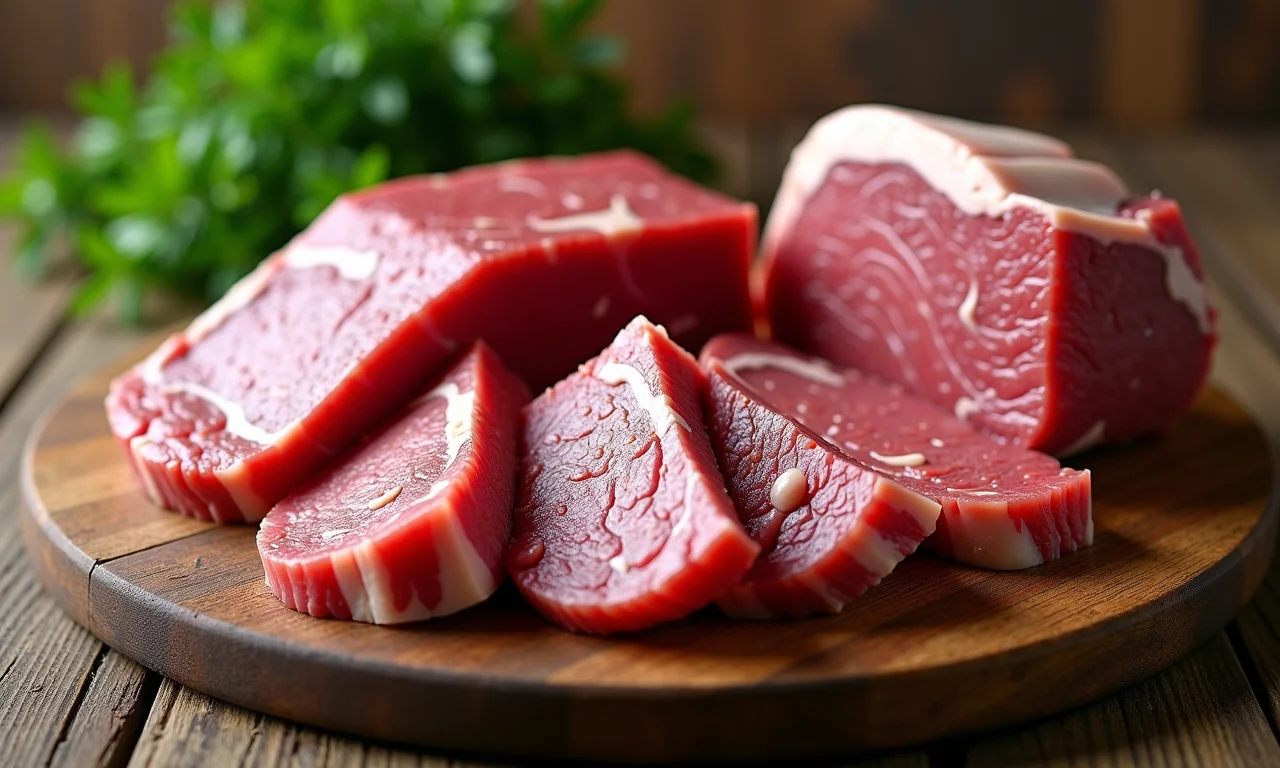 Diferentes cortes de carne ideais para bife de panela em tábua de madeira.