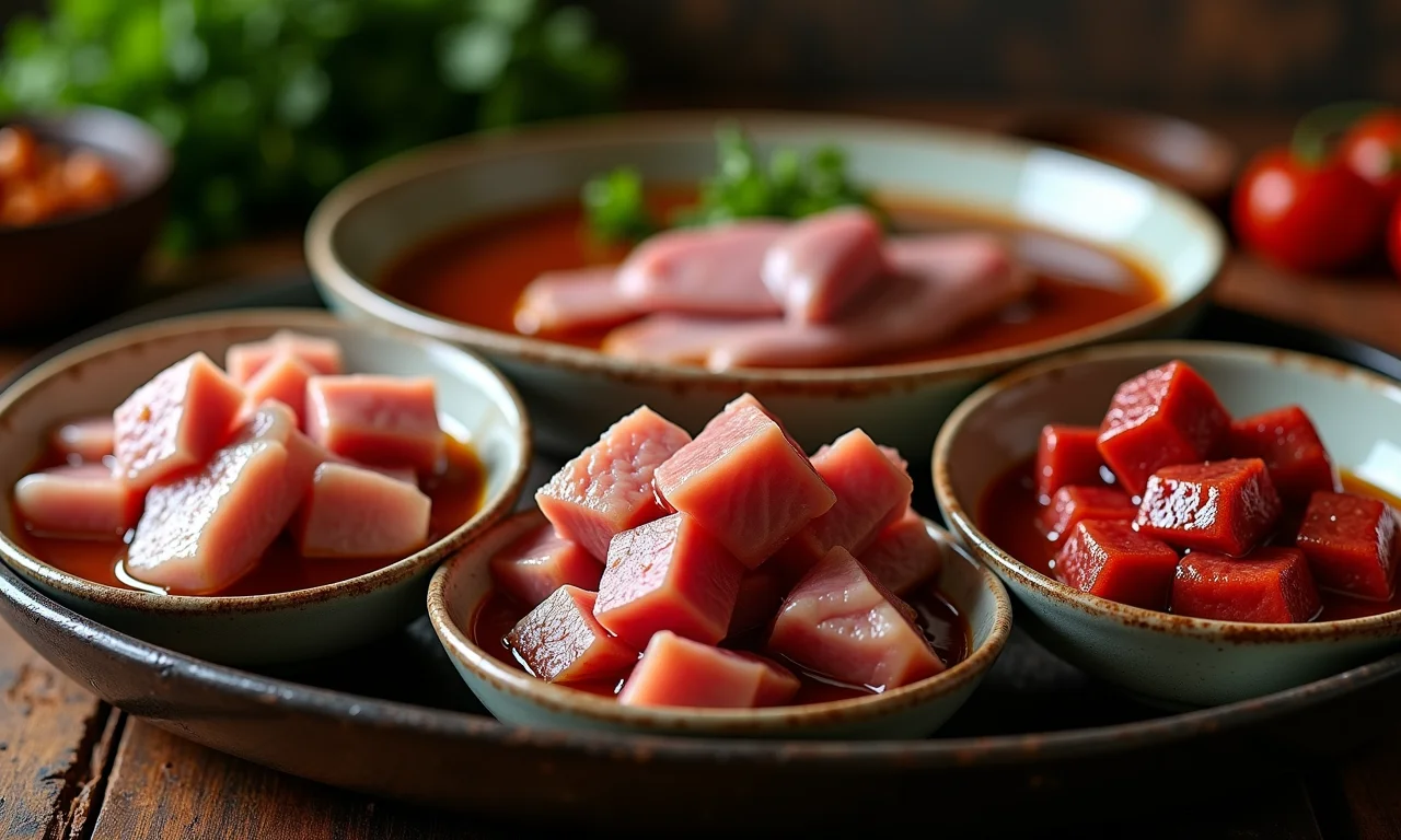 Diferentes cortes de carne marinando em molho adobo em tigelas separadas.