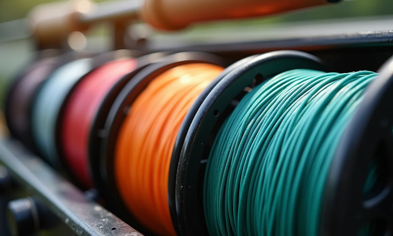 Diferentes linhas de pesca e carretéis em close-up.