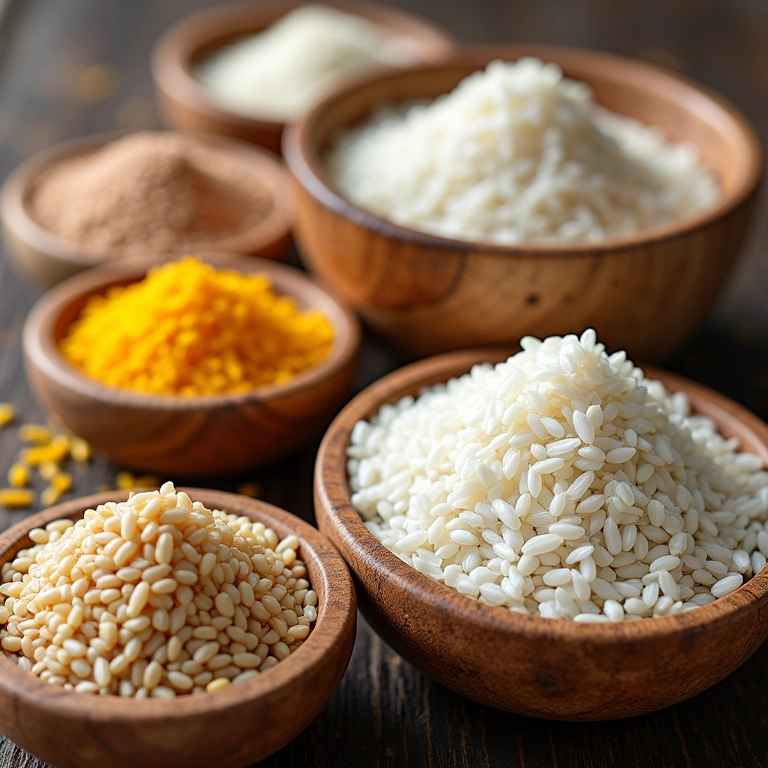 Diferentes tipos de arroz em tigelas de madeira.