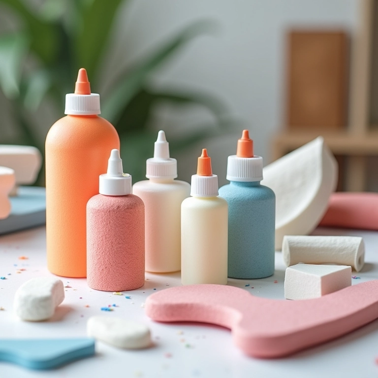 Diferentes tipos de cola (quente, instantânea, artesanal) com ferramentas de aplicação.