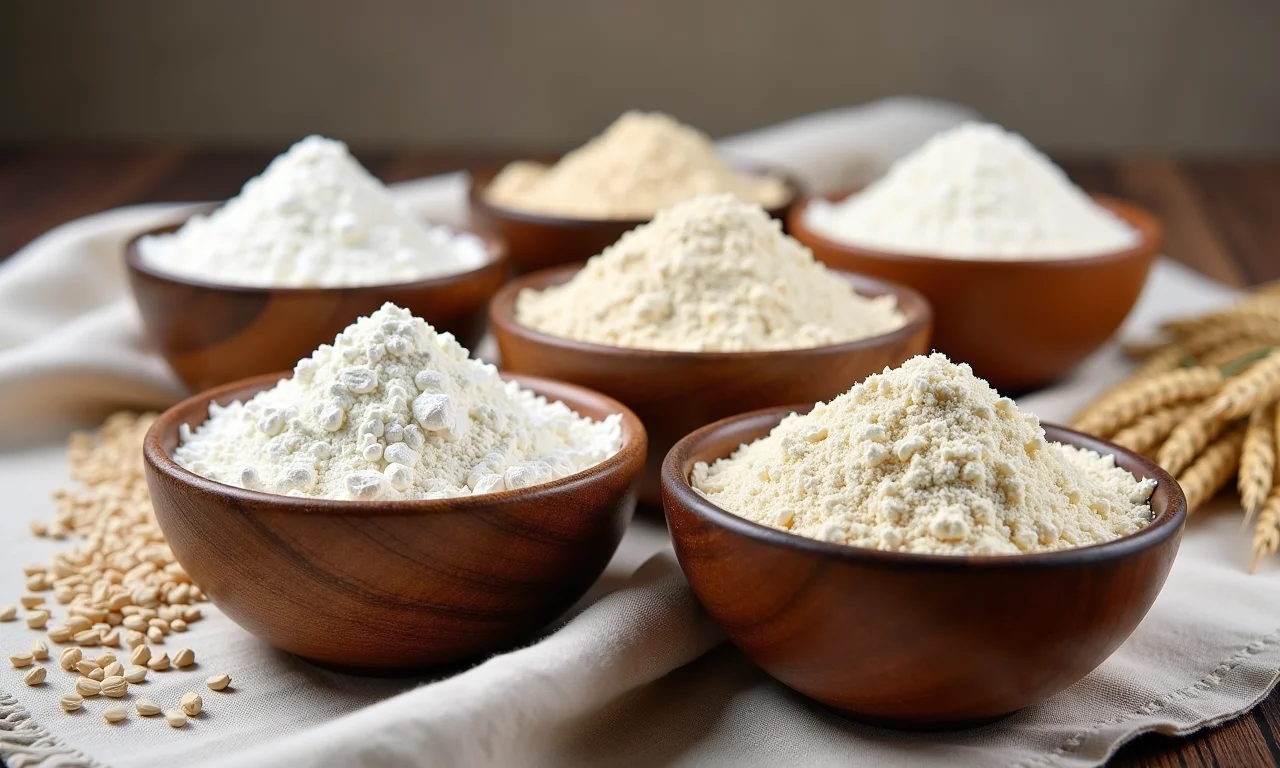 Diferentes tipos de farinha para pão pita em potes rústicos.