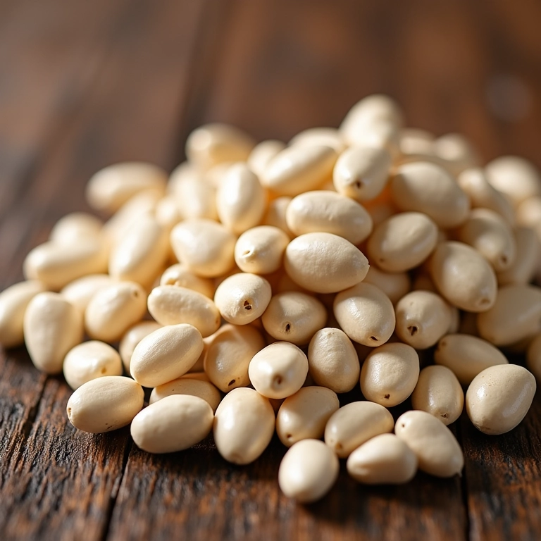 Diferentes tipos de feijão branco em uma mesa rústica.