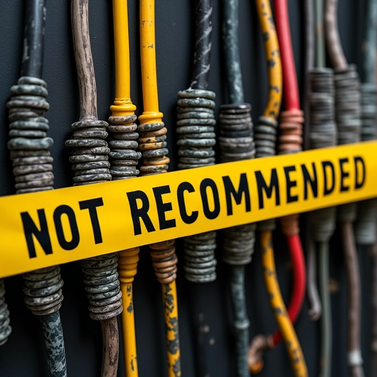 Diferentes tipos de fios elétricos com fita de advertência.