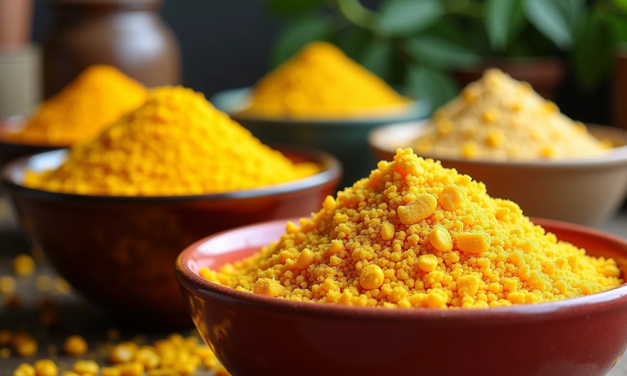 Diferentes tipos de fubá em tigelas coloridas.