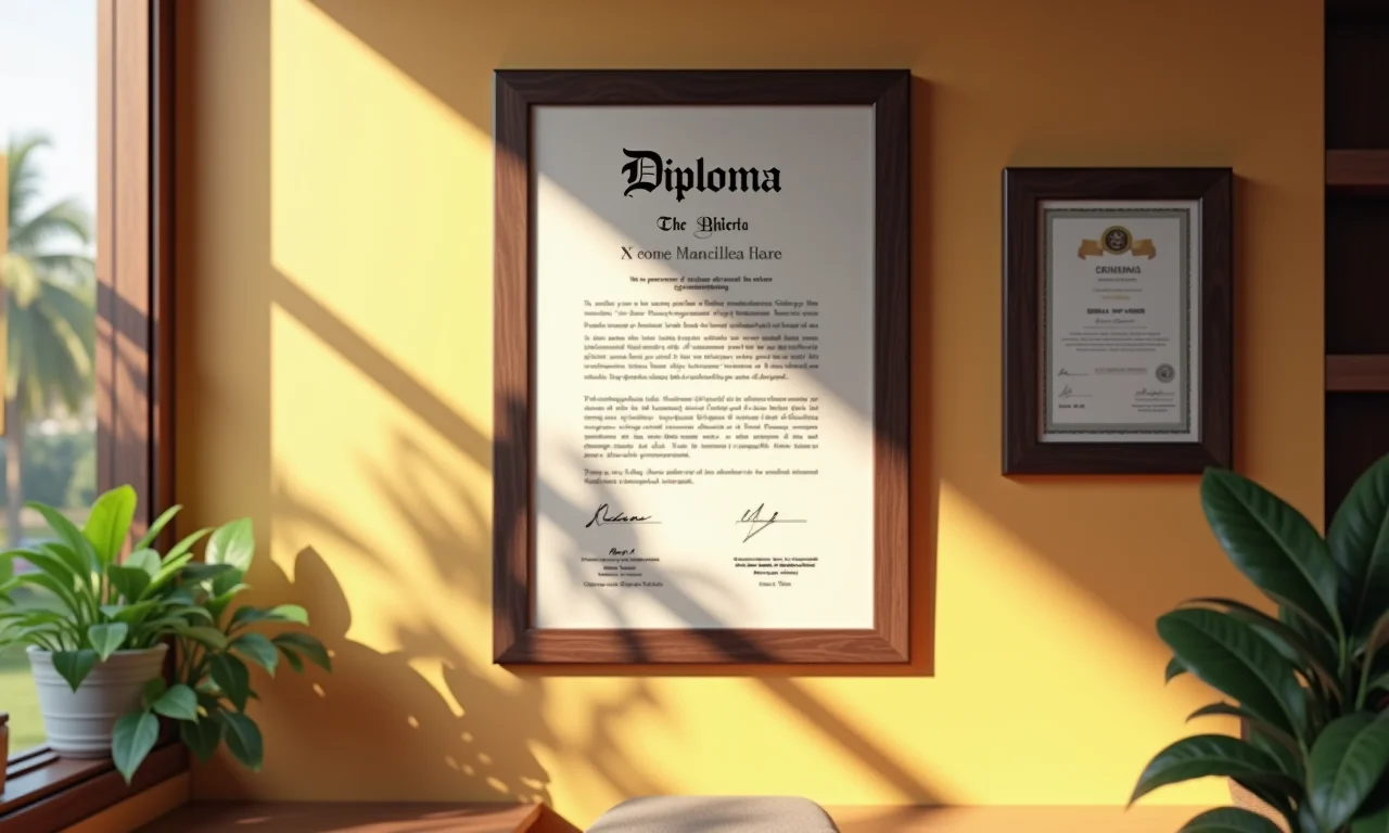 Diploma e certificado emoldurados, representando a formação acadêmica.