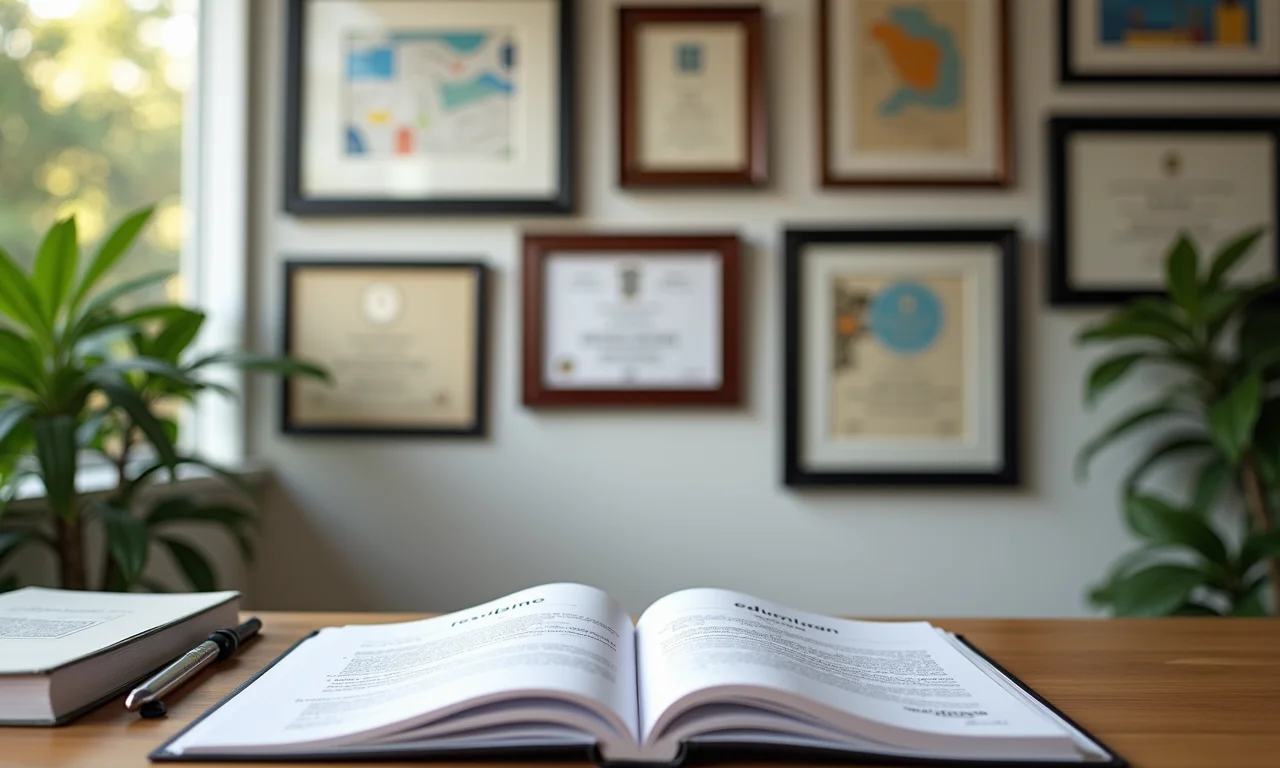 Diplomas acadêmicos emoldurados, com currículo aberto mostrando a formação.