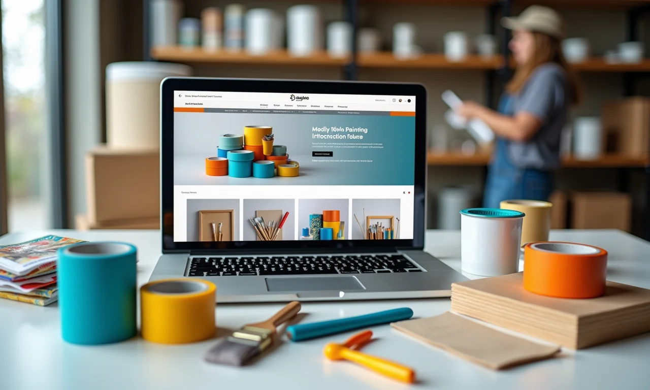 Display de loja online com materiais para pintura: fita, pincéis e tintas.