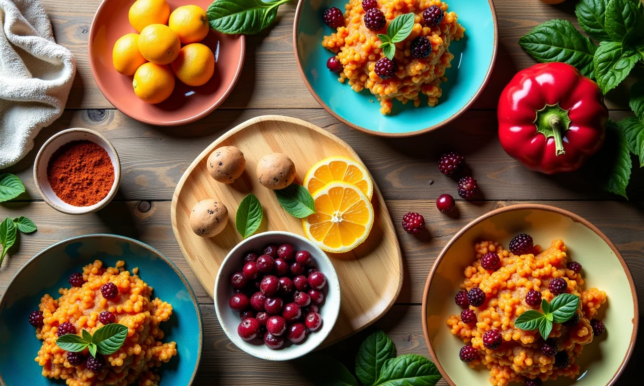 Diversas preparações com juçara, o açaí da Mata Atlântica, em uma mesa rústica de madeira.