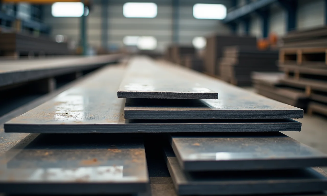 Diversidade de chapas de aço nobre em armazém.