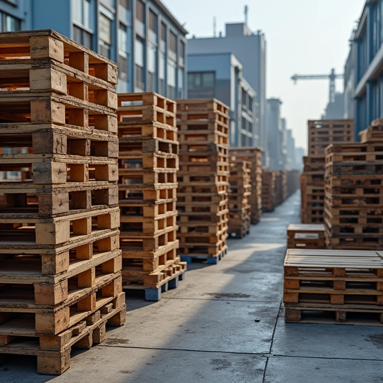 Diversidade de paletes baratos em área industrial.