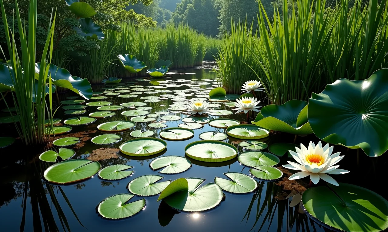 Diversidade de plantas aquáticas ideais para laguinhos ornamentais, como lírios d'água e juncos.