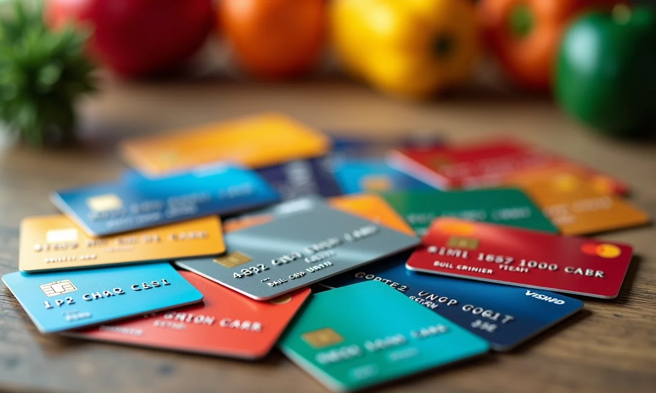 Diversos cartões de crédito dispostos sobre uma mesa, simbolizando flexibilidade financeira.