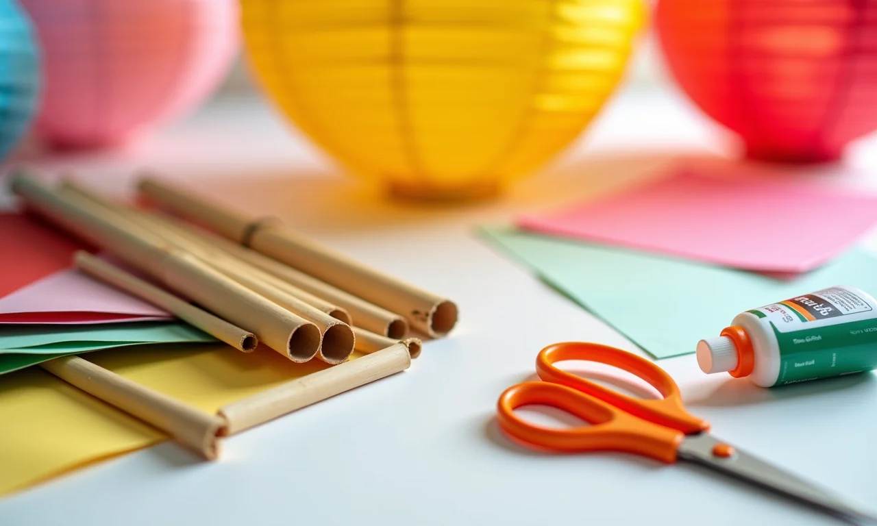 Diversos materiais e ferramentas para a criação de lanternas chinesas.