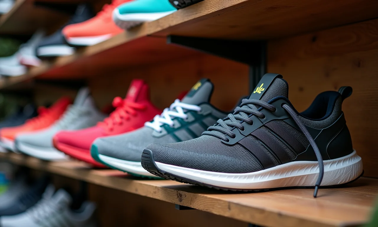 Diversos modelos de tênis com cadarços elásticos coloridos.