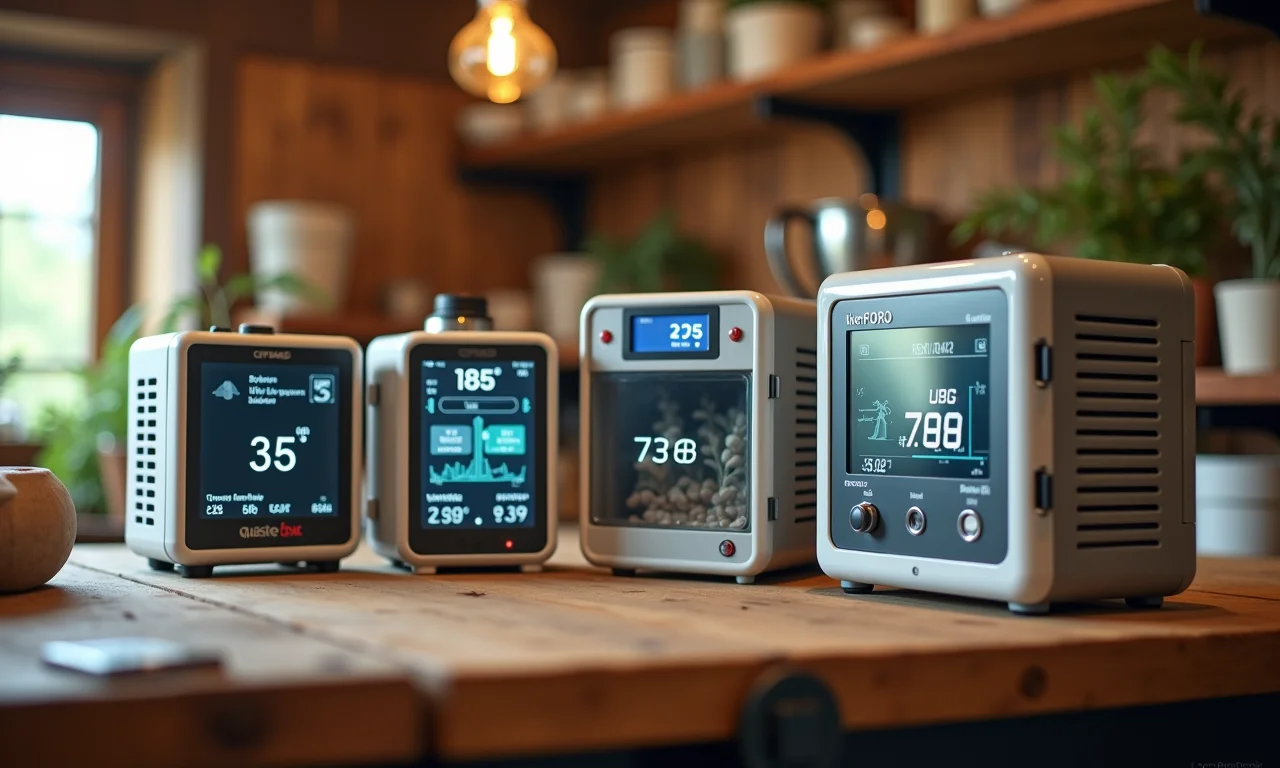 Diversos modelos de termostatos para incubadoras em uma bancada.