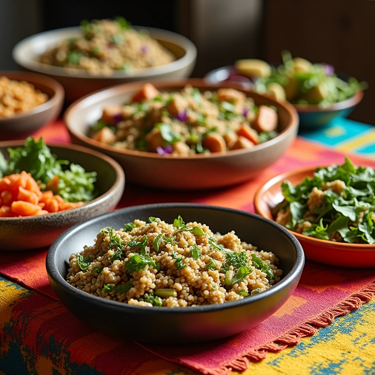 Diversos pratos à base de quinoa em mesa colorida com decoração brasileira.
