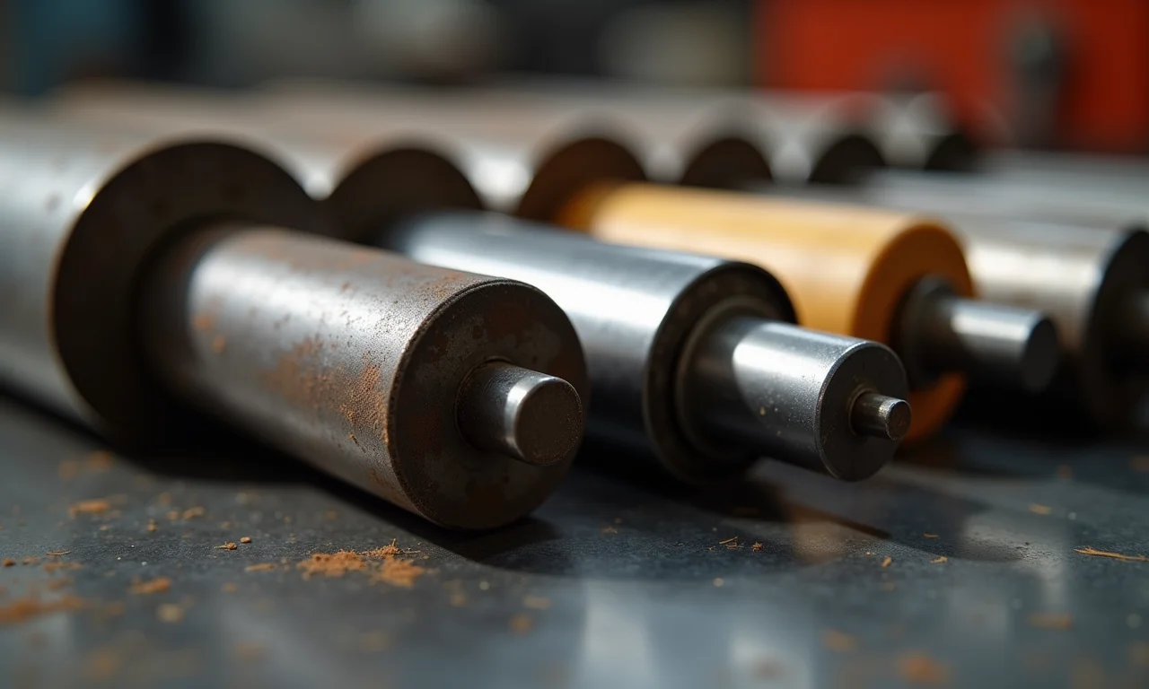 Diversos rolos para calandra manual, mostrando tamanhos e materiais diferentes.