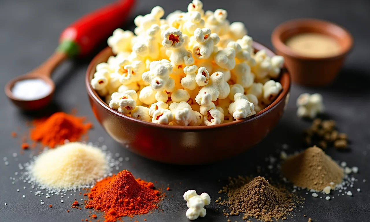 Diversos temperos e especiarias ao redor de tigela de pipoca.