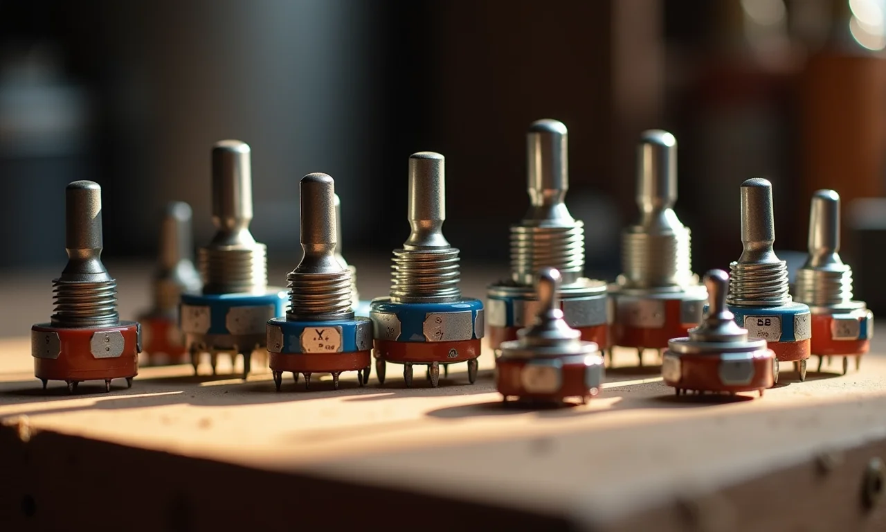 Diversos tipos de potenciômetros em uma bancada de trabalho.