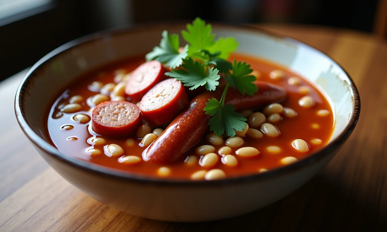 Dobradinha com feijão branco e linguiça calabresa, decorada com coentro.