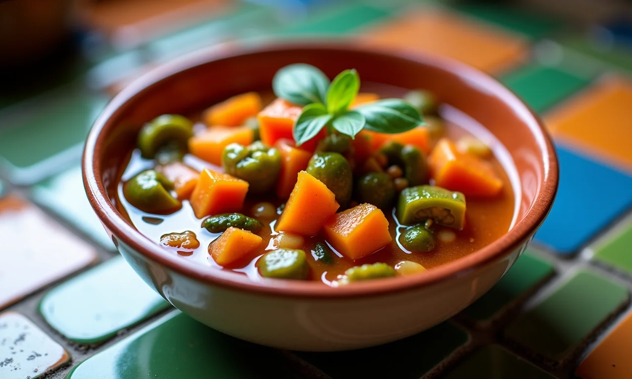Dobradinha com legumes frescos e coloridos servida em tigela de cerâmica.