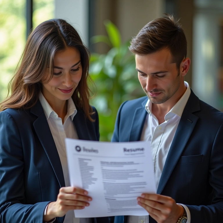Dois profissionais revisando um currículo juntos.