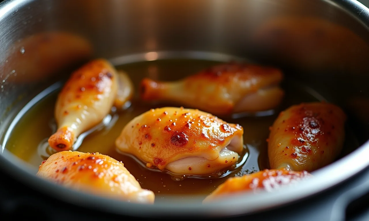 Dourando o frango na panela de pressão para um sabor extra.
