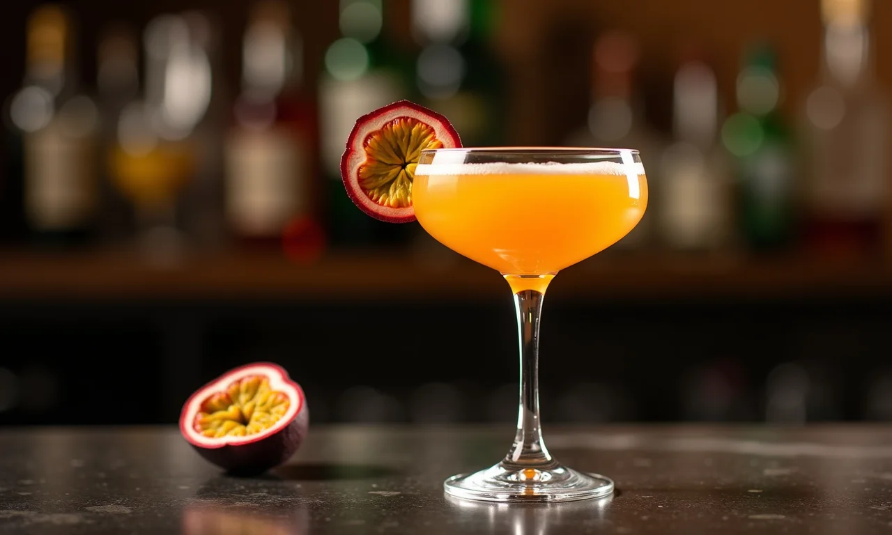 Drink de maracujá exótico em taça com decoração sofisticada.