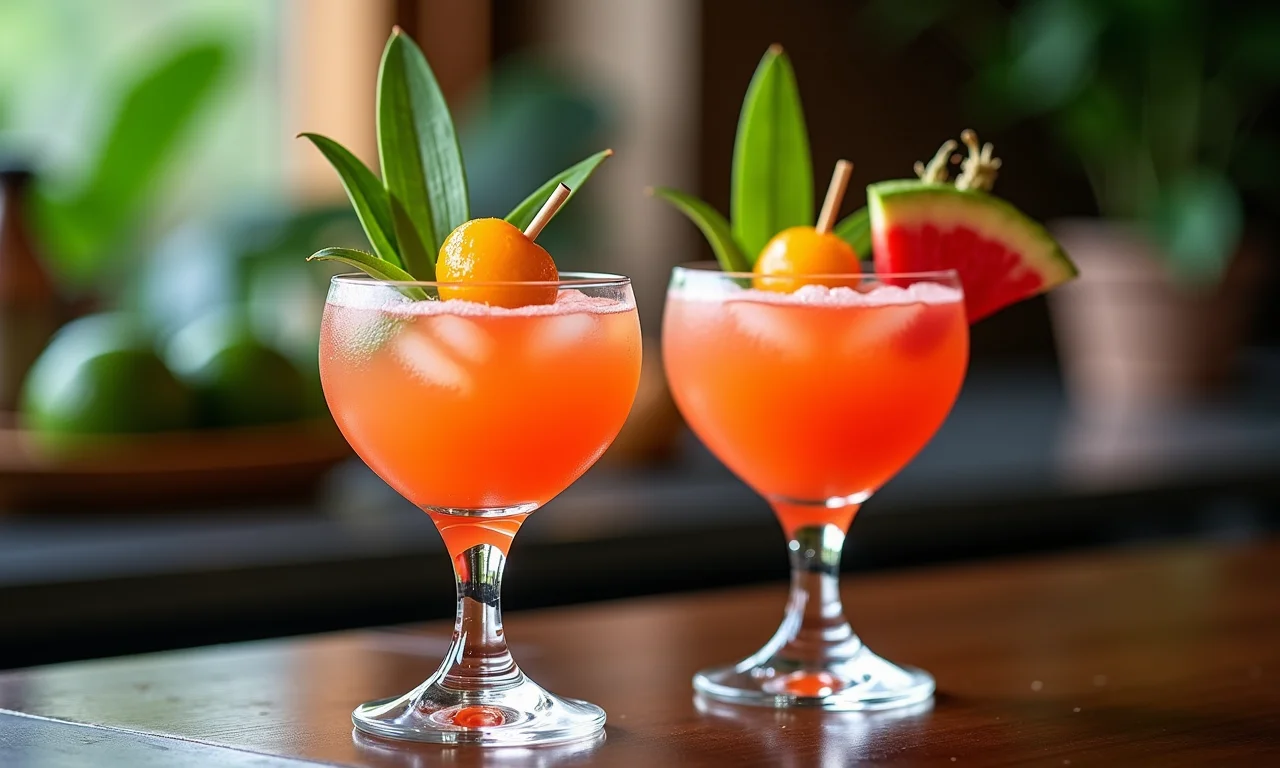 Drinks exóticos e refrescantes com lichia servidos em taças elegantes em um bar com decoração brasileira.