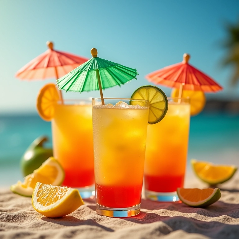 Drinks tropicais com guarda-chuvas temáticos.