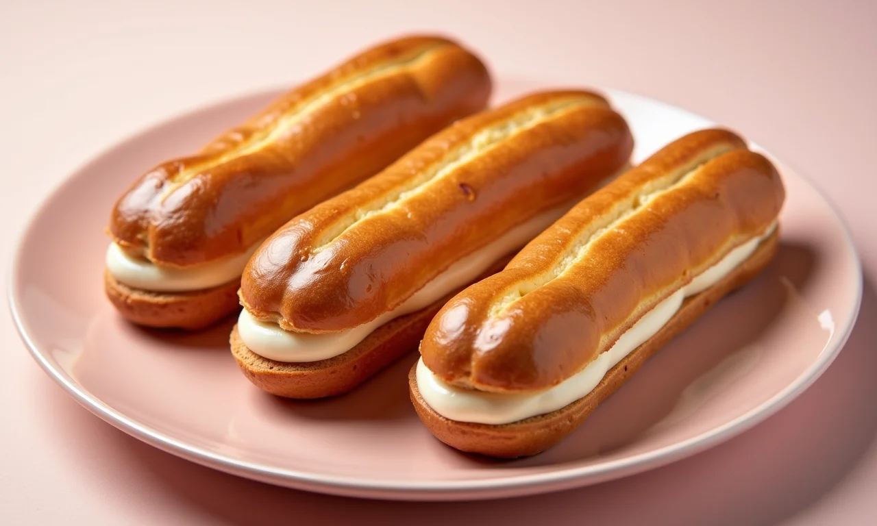 Éclairs apetitosos com recheio cremoso e cobertura brilhante.