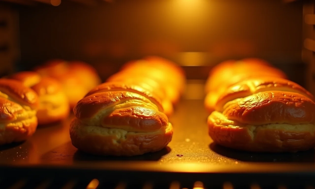 Éclairs assando no forno, crescendo perfeitamente.
